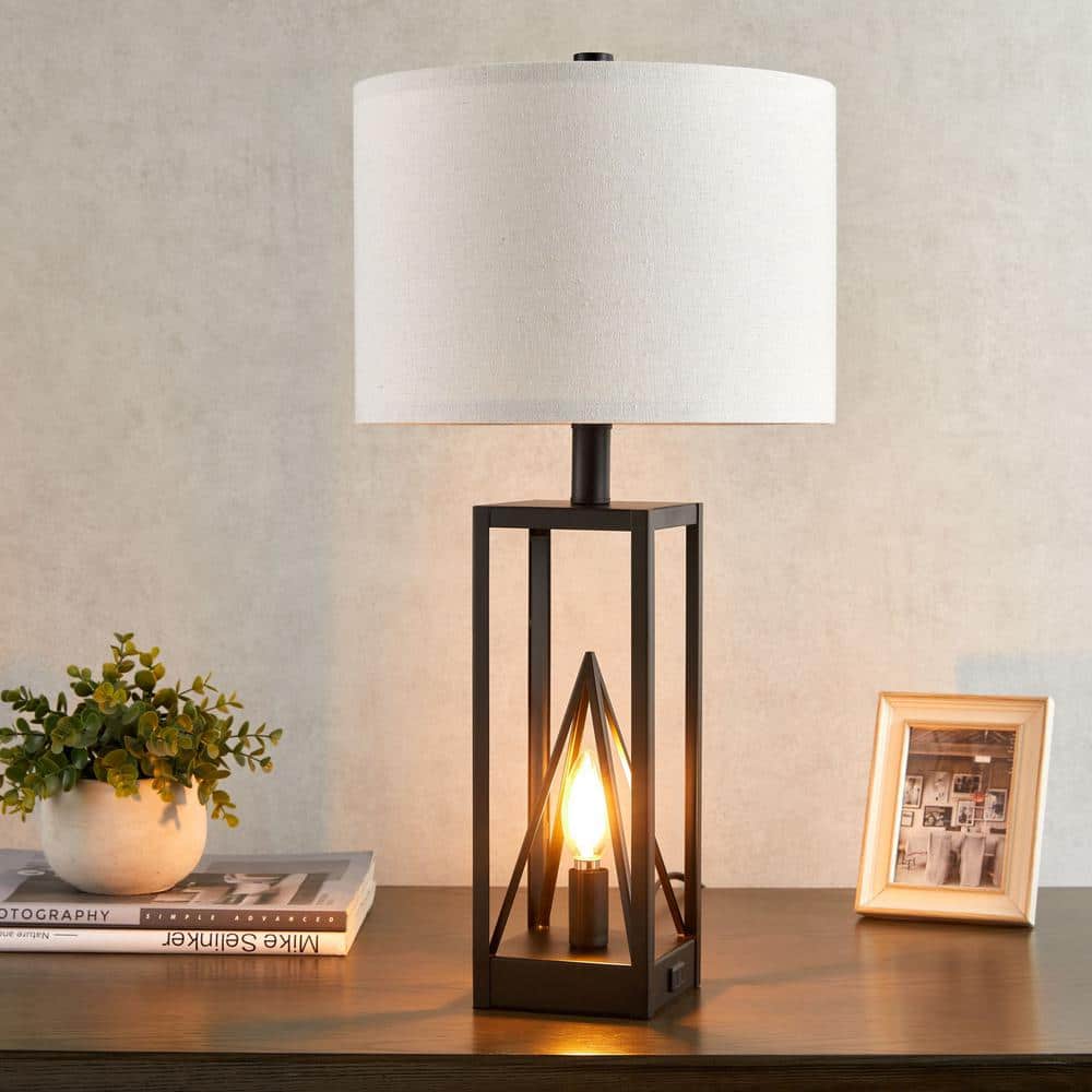 Black Metal 23.5'' Table Lamp Set with USB Ports and Night Light