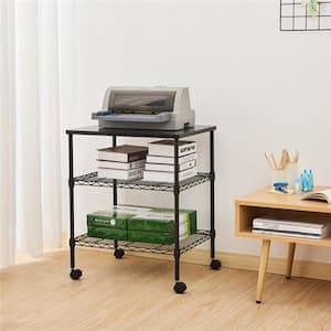 3-Tier Black Metal Pantry Organizer with Wood Tabletop ande Lockable Wheels, Rolling Storage Cart for Microwave