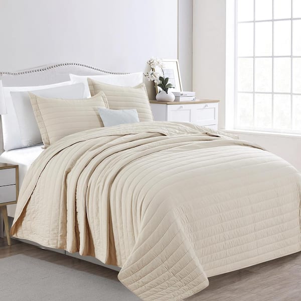 FRESHFOLDS Natural Twin Premium Solid Channel Stitched 2-Piece Microfiber Quilt Set