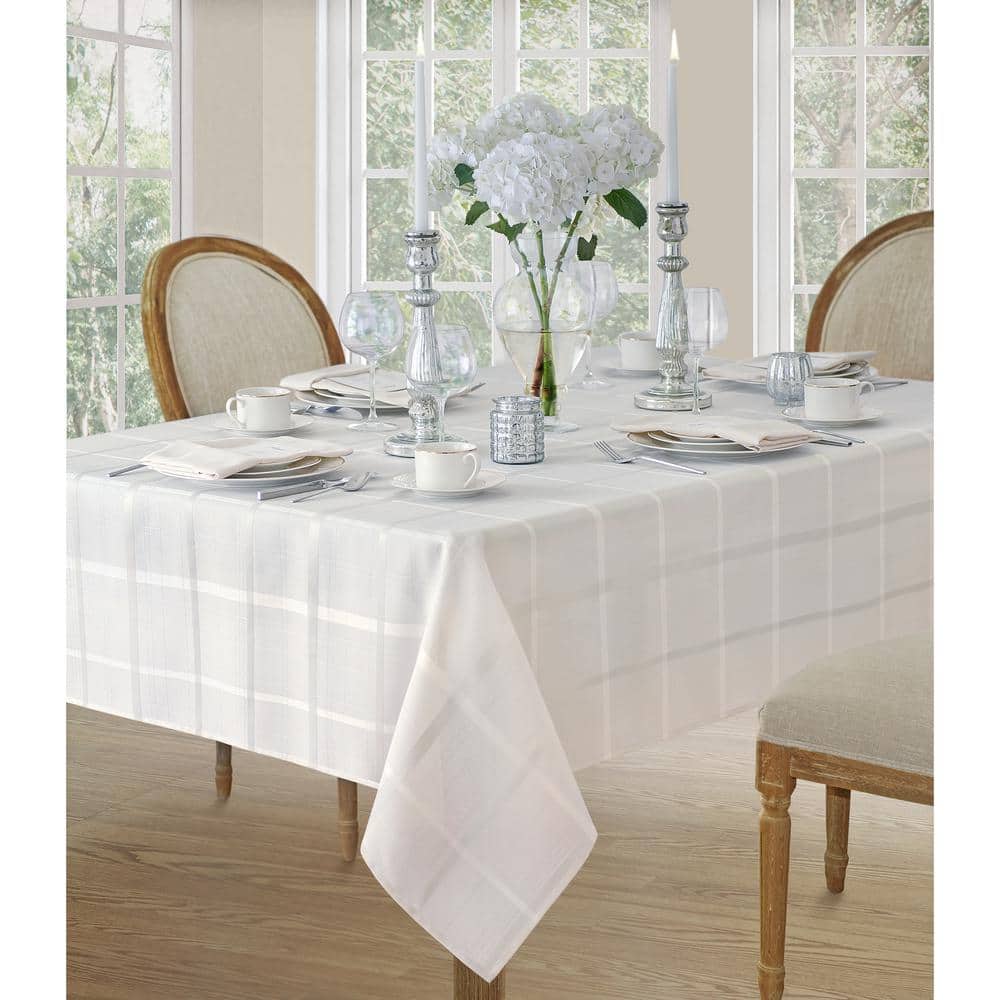 White Plaid Stain-Resistant Polyester Tablecloth