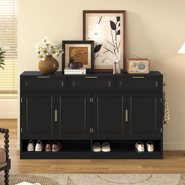 Vesper Black MDF 59.1 in. Buffet Sideboard Accent Storage Cabinet with Drawers, Adjustable Shelves, Open Storage