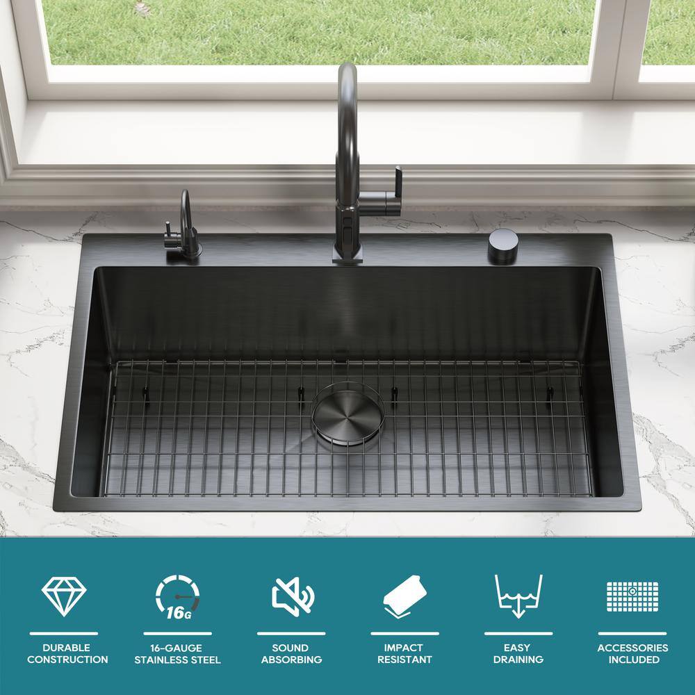 33" Gunmetal Black Stainless Steel Single Bowl Drop-In Kitchen Sink