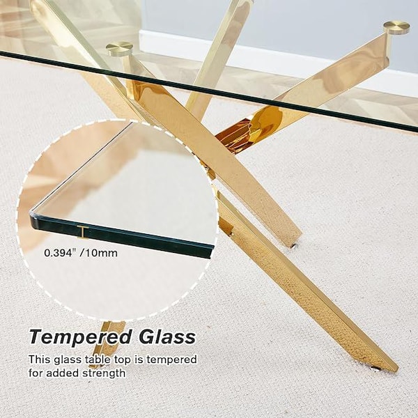 63 in. Gold Tempered Glass Top Metal Cross Legs Dining Table