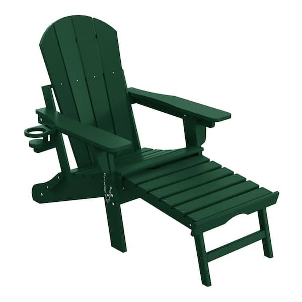 Laguna Dark Green Outdoor Folding Adjustable Plastic Adirondack Chair w/ Cup Holder & Hideaway Ottoman Set of 1