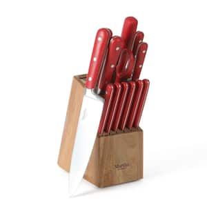 GreenLife High Carbon Stainless Steel 13 Piece Wood Knife Block Set with  Chef Steak Knives and more, Comfort Grip Handles, Triple Rivet Cutlery,  Soft