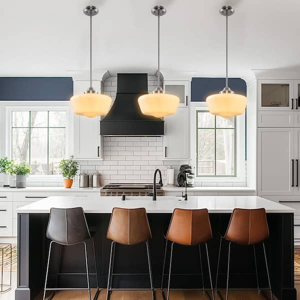 60-Watt 1-Light Brushed Nickel Metal Pendant Light with Milk Glass Shade for Kitchen Island Living Room