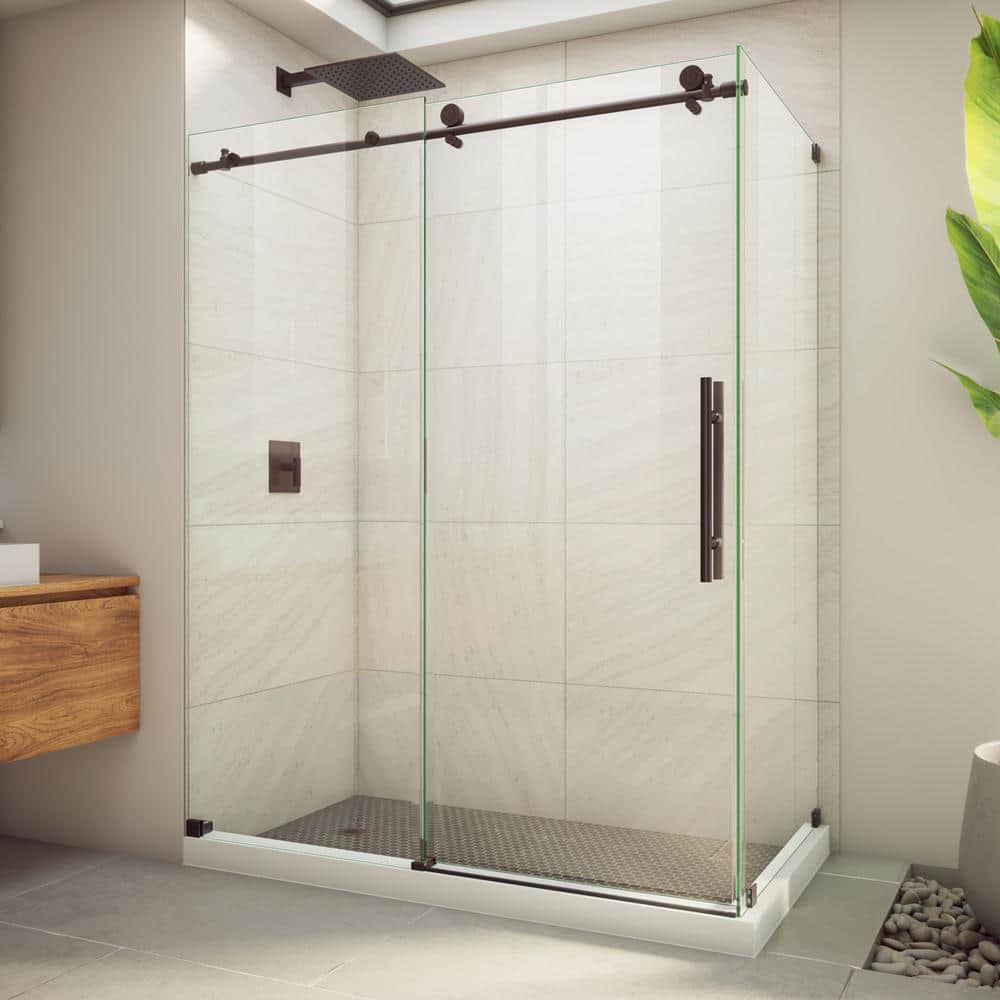 Modern Frameless Sliding Shower Enclosure with Clear Glass and Oil Rubbed Bronze Hardware