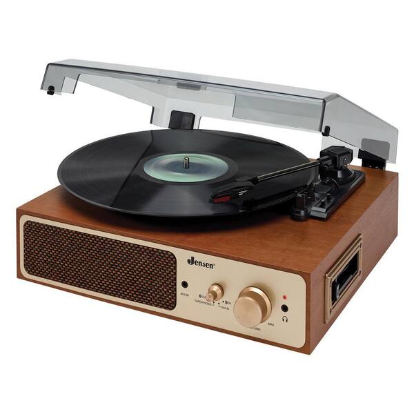 JENSEN 3-Speed Stereo Turntable with Cassette Player, Stereo Speakers, and Dual Bluetooth Transmitter/Receiver