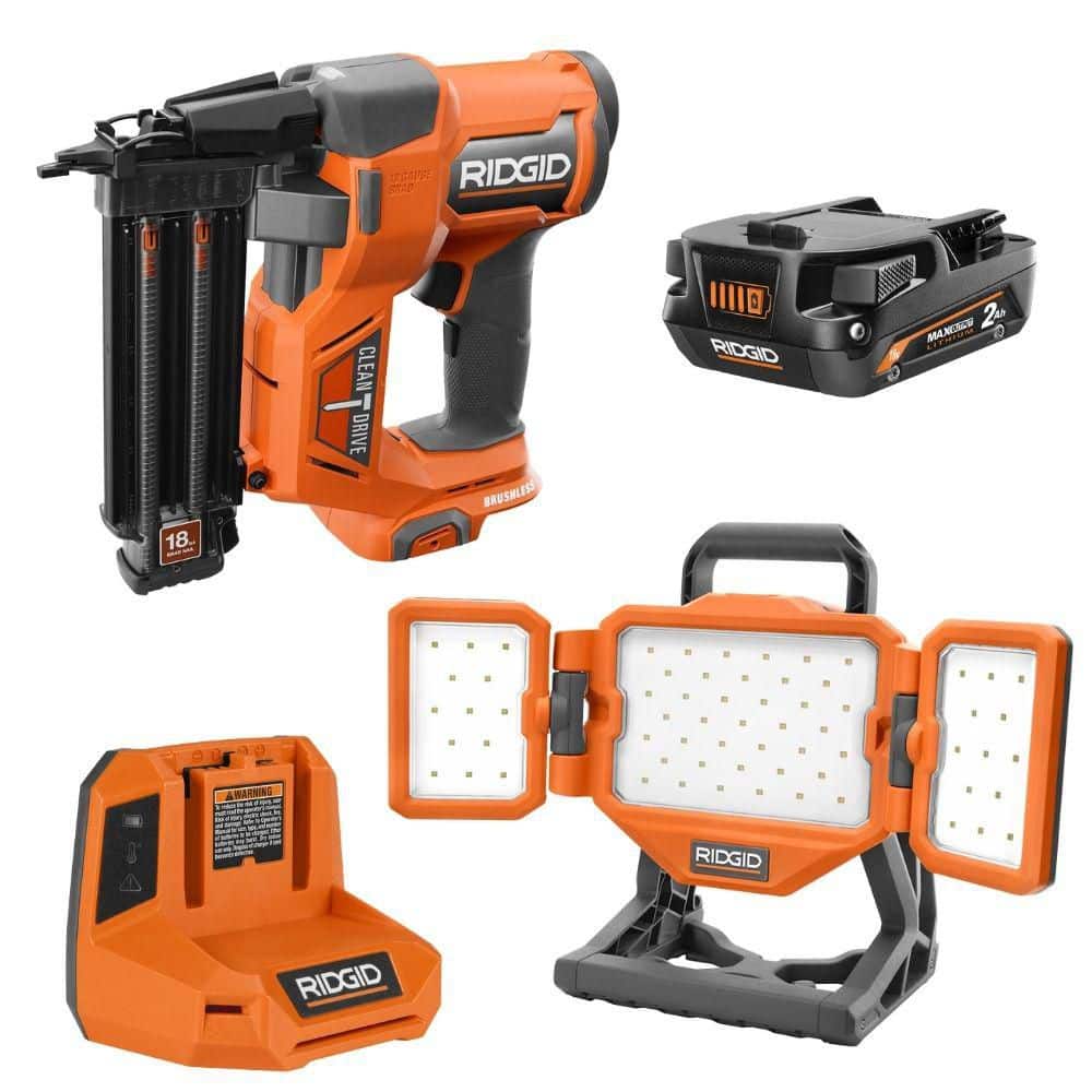RIDGID 18V Brushless 18-Gauge Brad Nailer w/ 2.0 Ah Battery & Charger w/ 18V Hybrid LED Panel Light (R09891KTR8698)