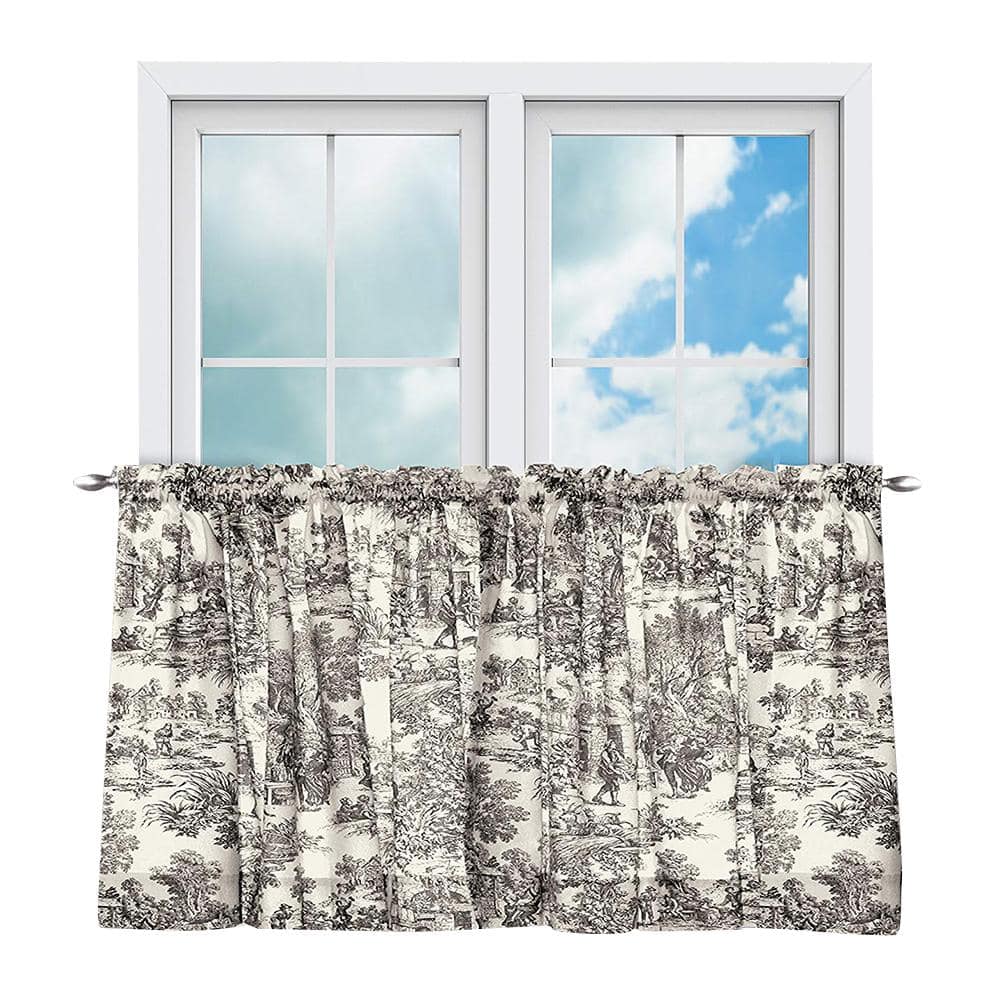 Black and White Cotton Rod Pocket Room-Darkening Tier Curtains