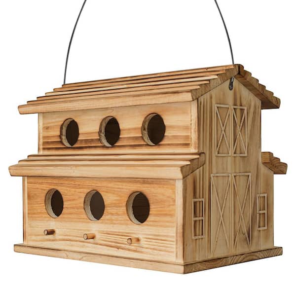 10 in. H Wood Birdhouse Outdoor-Natural Color, 6 Hole Hanging Bird House-Bluebird, Finch, Cardinals