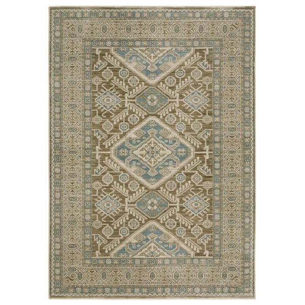 Maco Brown/Blue 10 ft. x 13 ft. Medallion Geometric Polypropylene Fringe-Edge Indoor Area Rug