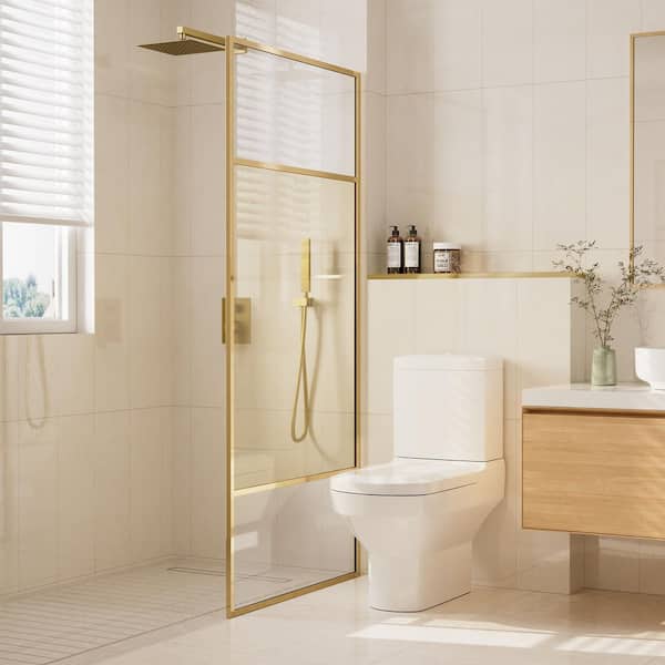 34 in. 34 in. W x 74 in. H Fixed Framed Shower Door in Brushed Gold with Fluted Clear Glass and Easy Clean Surface