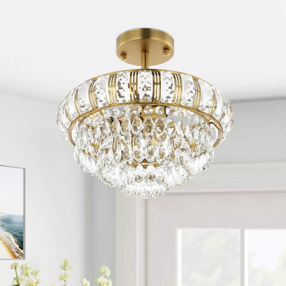 Gold Beaded Crystal 3-Light Semi Flush Mount Chandelier