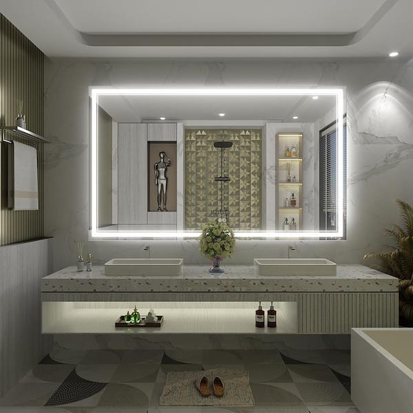 60 in. W x 36 in. H Large Rectangular Frameless Front LED Lights Anti-Fog Wall Bathroom Vanity Mirror in Tempered Glass