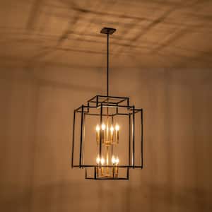 Cubuu 8-Light Modern Farmhouse Black and Aged Brass Cage Lantern, Candle Lantern, Rectangle, Square Chandelier