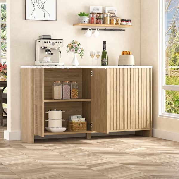60.24 in. W Wood Color MDF Sideboard Buffet, Accent Storage Cabinet with Adjustable Shelves and Curved Turn