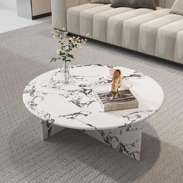 33 in. White Round Marble Coffee Table with Sturdy Base and Rounded Corners for Living Room