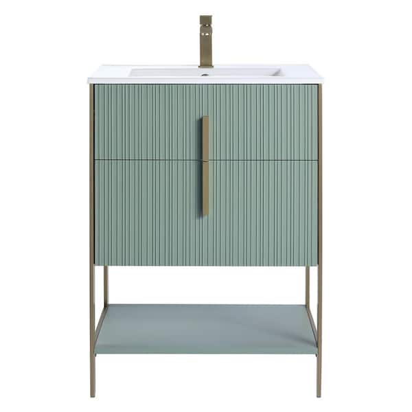 FINE FIXTURES 24 in. W x 18 in. D x 33.5 in. H Mint Green Bath Vanity with Ceramic Sink Top in White with Satin Brass Hardware