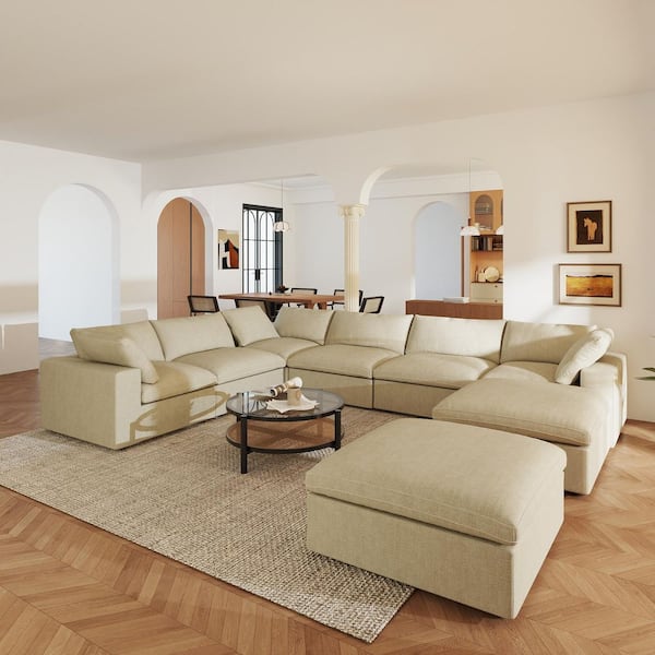 Down Filled 157 in. Square Arm 8-Piece Linen L Shaped Cloud Modular Sectional Sofa Couch with Ottoman, Covers in Khaki