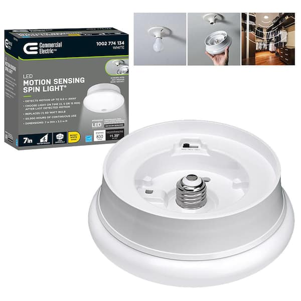 Commercial Electric Spin Light 7 in. Motion Sensor LED Flush Mount Ceiling Light Customize Hold Times Closet Rated 830 Lumens 4000K