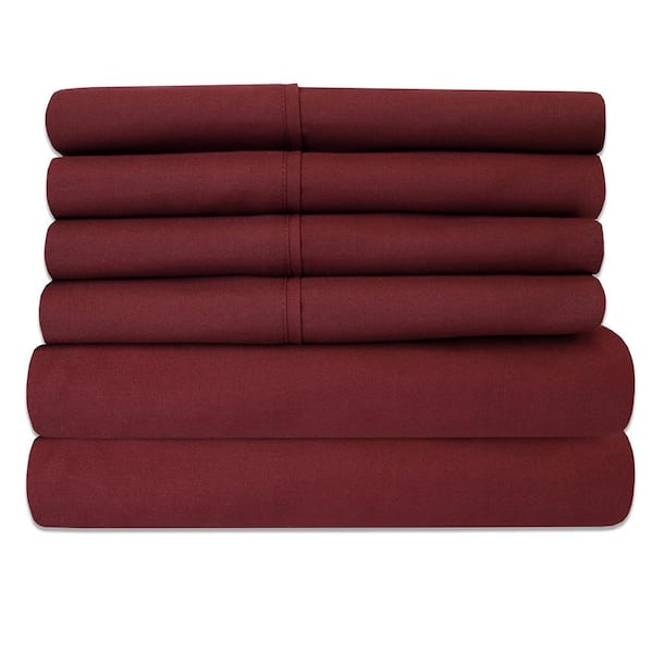 6-Piece Burgundy Super-Soft 1600 Series Double-Brushed Queen Microfiber Bed Sheets Set