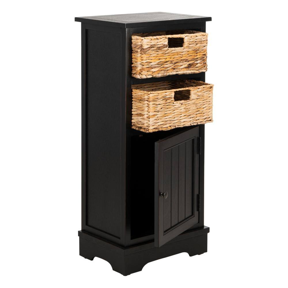 Distressed Black Pine Wood Accent Cabinet with Wicker Baskets