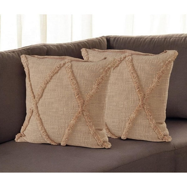 HomeRoots Tan Geometric Polyester 18 in. x 18 in. Throw Pillow Set of 2