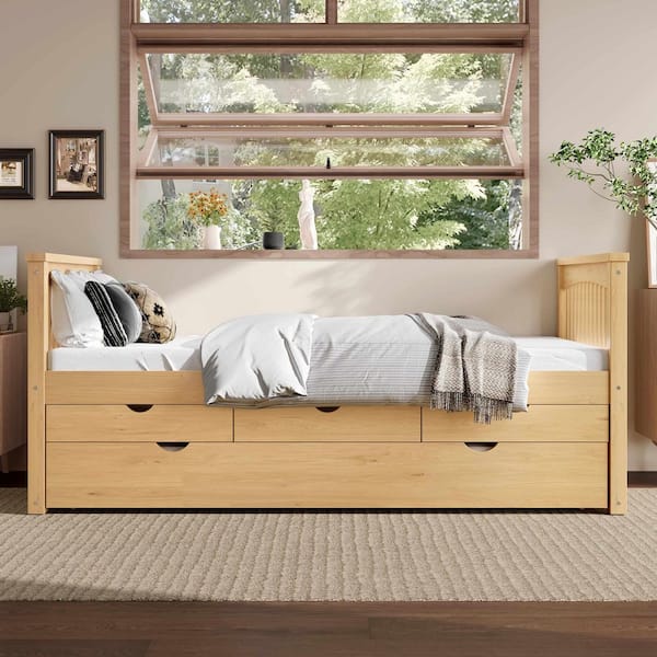 Natural Brown Wood Frame Twin Platform Bed with Drawers and Trundle