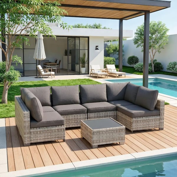 Unbranded 7-Piece Gray Wicker Outdoor Sectional Set with Gray Cushions and Coffee Table