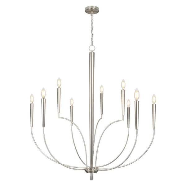 9-Light Chandelier Light Silver Finish with Candle Accents Classic Design Round Chandelier for Dining Room with E12 Bulb