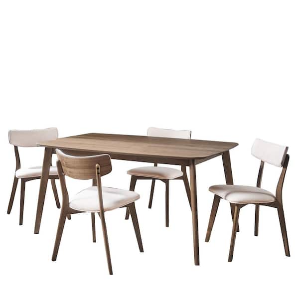 Noble House Alma 5-Piece Natural Walnut and Light Beige Dining Set ...