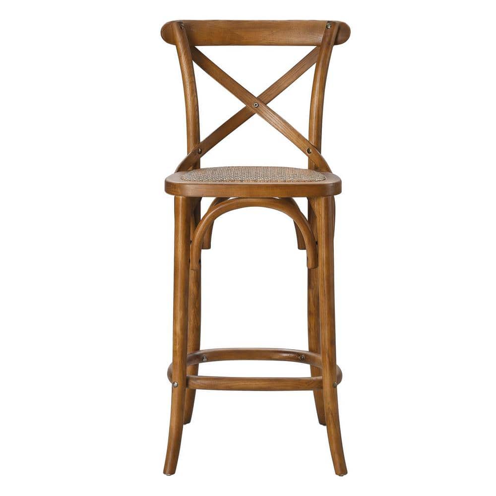 Walnut Elm Wood Counter Stool with Rattan Seat