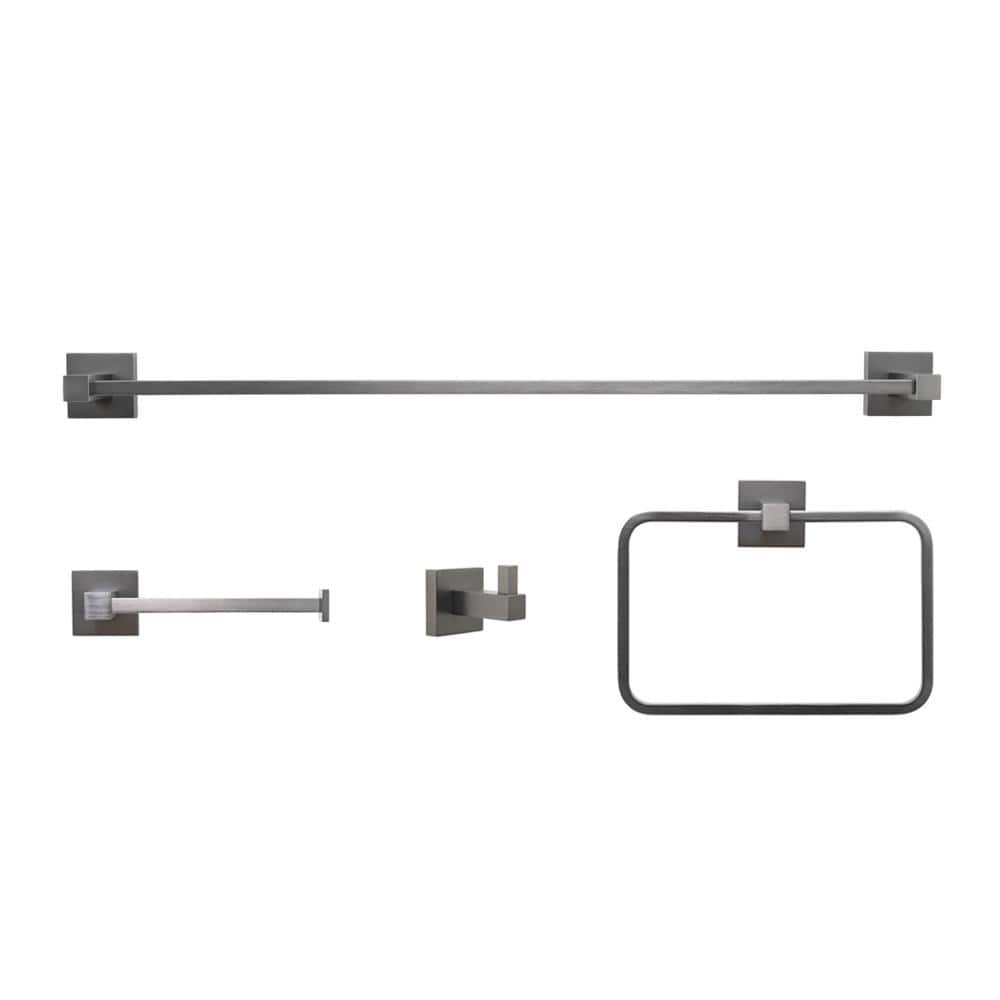 Gun Metal Gray 4-Piece Bathroom Hardware Set with Towel Bar