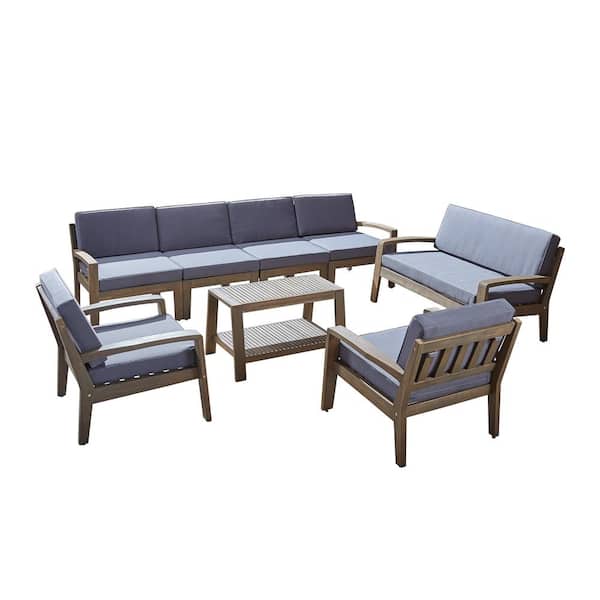 Grenada 8-Piece Wood Outdoor Patio Conversation Set with Dark Grey Cushions