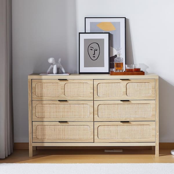 ATHMILE Natural Wooden Rattan Woven 6-Drawer Storage Dresser