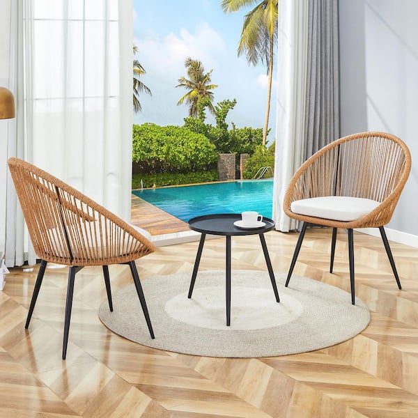 Zeus & Ruta Brown 3-Piece Wicker Outdoor Patio Conversation Set with White Cushions and Anti-Spill Round Coffee Table