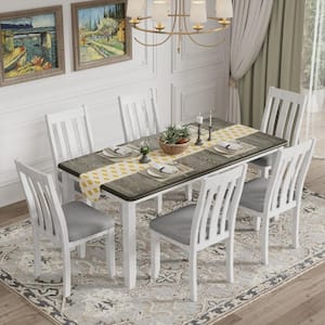 Vintage 7-Piece Antique Brown and White Wood Top Extendable Dining Table Set with 6 Upholstered Chairs