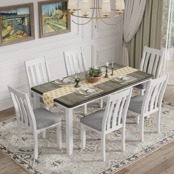 Harper & Bright Designs Vintage 7-Piece Antique Brown and White Wood Top Extendable Dining Table Set with 6 Upholstered Chairs