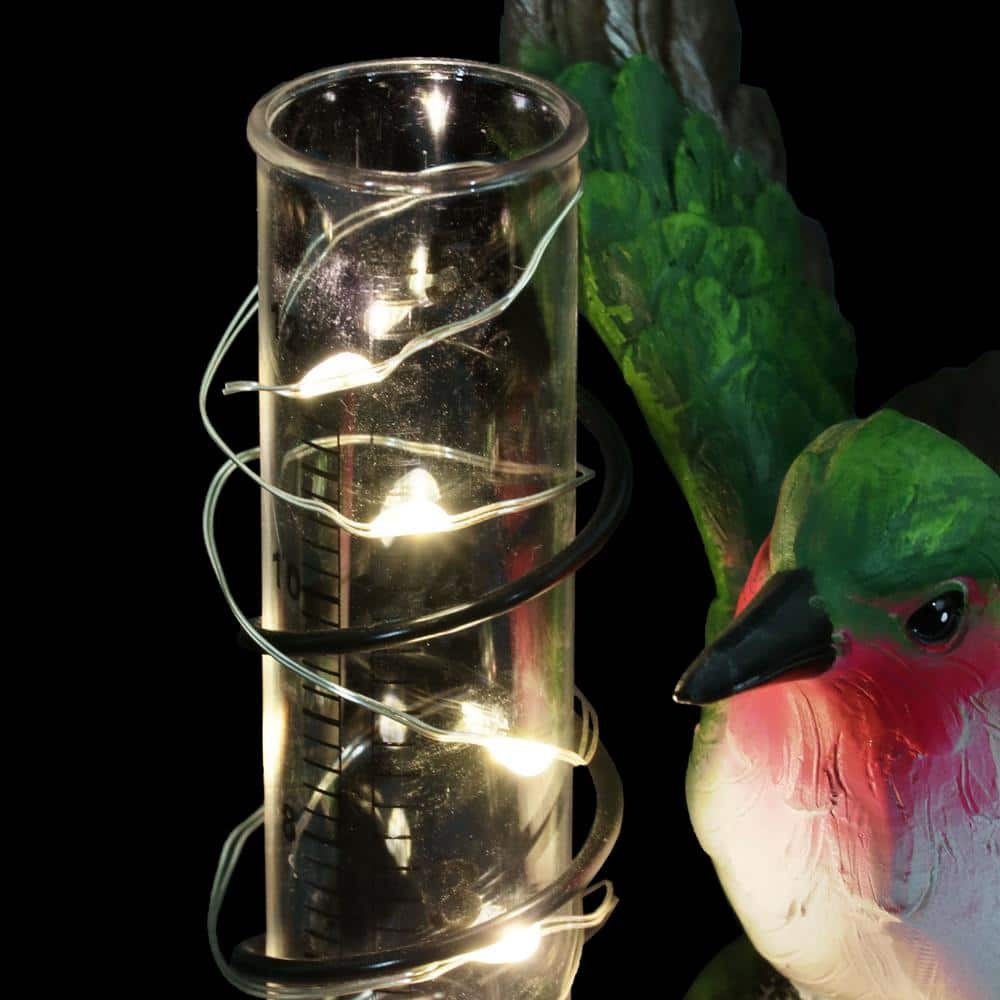 Solar Pink Flower and Hummingbird Garden Rain Gauge with LED Lights