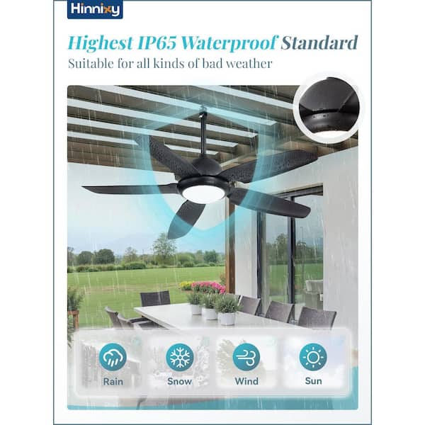 52 in. Black Downrod Mount Waterproof Wet Rated Standard Outdoor Ceiling Fan with LED Light 6-Speed with Remote