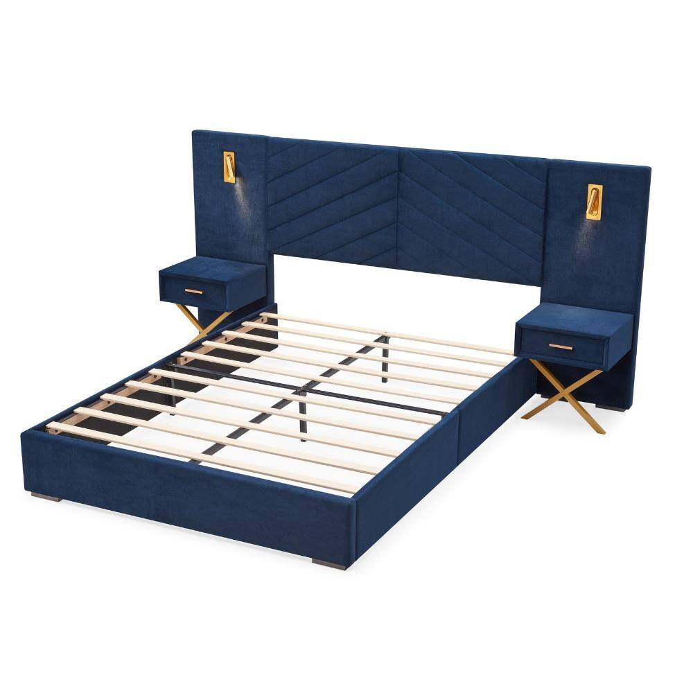Blue Velvet Wood Frame Queen Platform Bed with Wingback Headboard and Storage durable construction