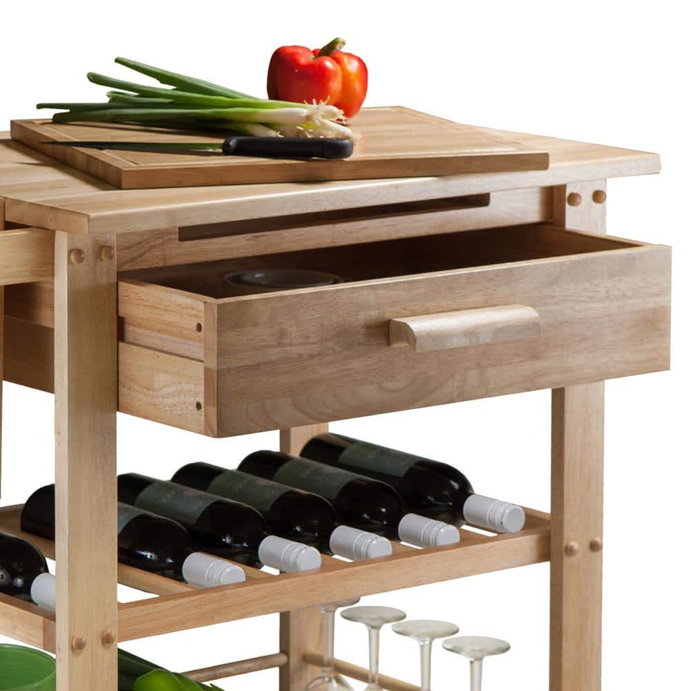 Transitional Brown Wood Kitchen Cart with Wine Storage and Knife Block