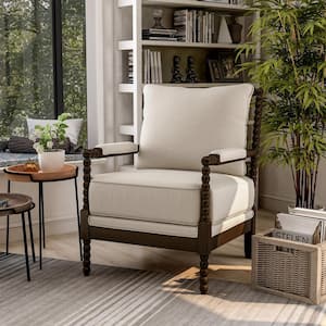 Yakton Beige Solid Wood Padded Armrest Accent Chair