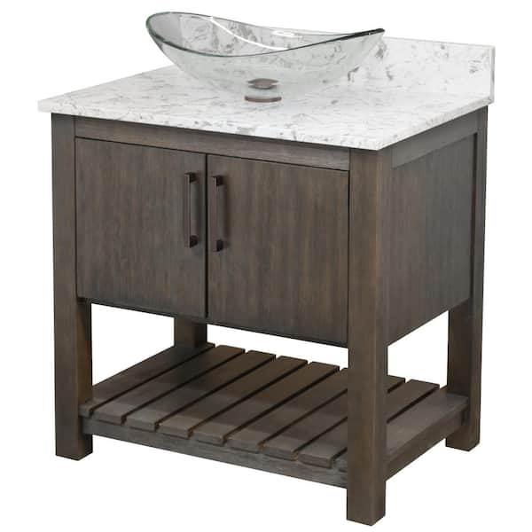 Novatto Ocean Breeze 31 in. W x 22 in. D x 31 in. H Bath Vanity in Cafe with Mocha Quartz Top and Clear Sink