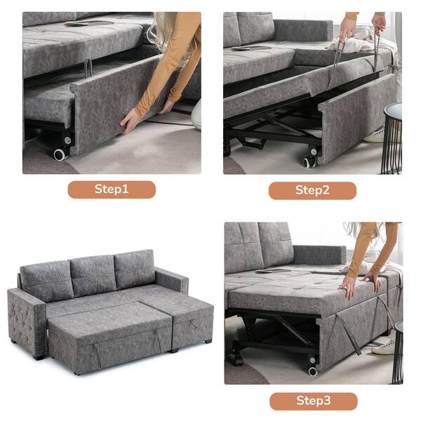 Tongli Modern Chaise Lounge Open Fold Spa Sofa Long Lounger for Bedroom Office Living Room with Storage, Gray-right