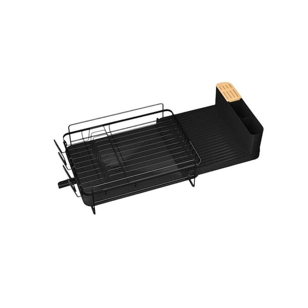 Adrinfly Extendable Multifunctional Dish Drying Rack Anti-Rust Dish Rack Cutlery Cup Holders, 27 in. x 12.9 in. Black