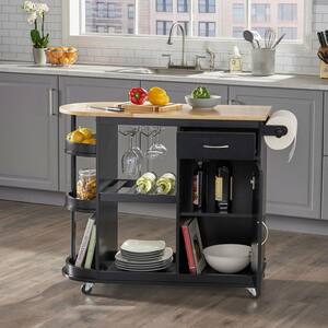 Black Rubberwood Kitchen Cart with Cabinets and Rolling Casters