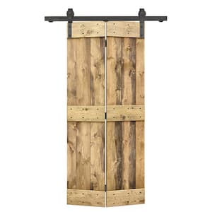 22 in. x 84 in. Mid-Bar Series Solid Core Weather Oak Stained DIY Wood Bi-Fold Barn Door with Sliding Hardware Kit