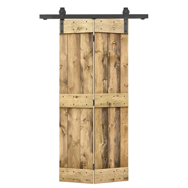 CALHOME 24 in. x 84 in. Mid-Bar Series Solid Core Weather Oak Stained DIY Wood Bi-Fold Barn Door with Sliding Hardware Kit